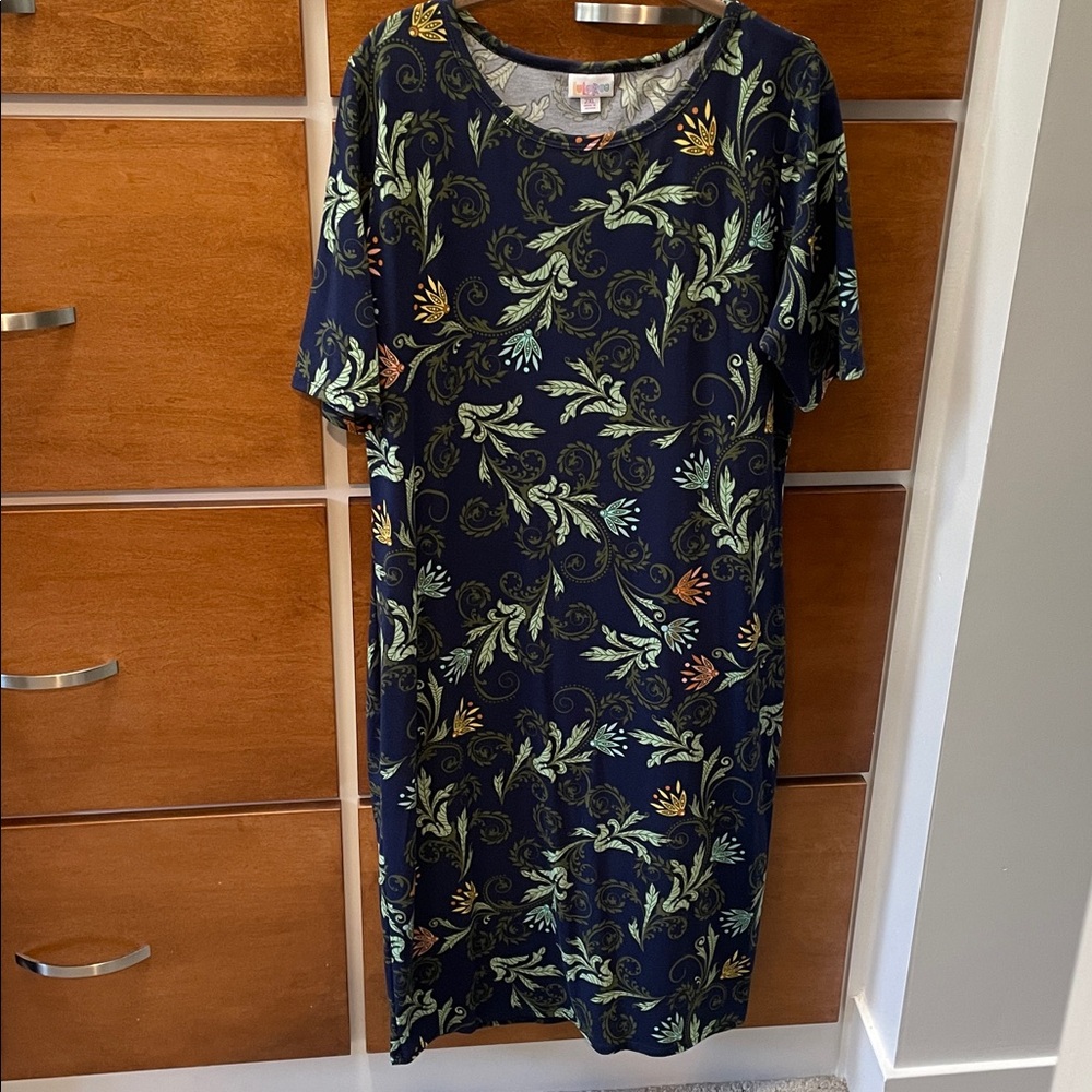 LuLaRoe Navy Patterned Julia dress 2XL Worn once. Perfect with a Jean jacket!!
